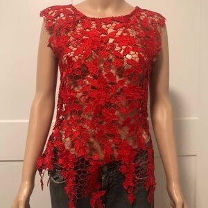 - Miss Finch Red Lace Overlay Cap Sleeves Top Back Closure Small